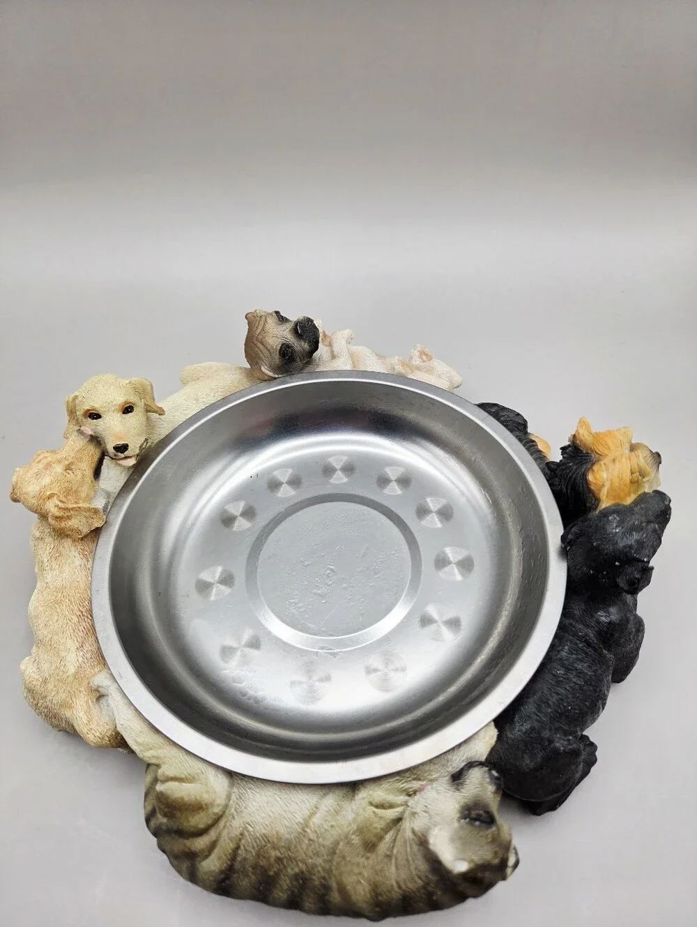 Dog Bowl Holder with 6 Different Dogs & Stainless Steel Dish in Center